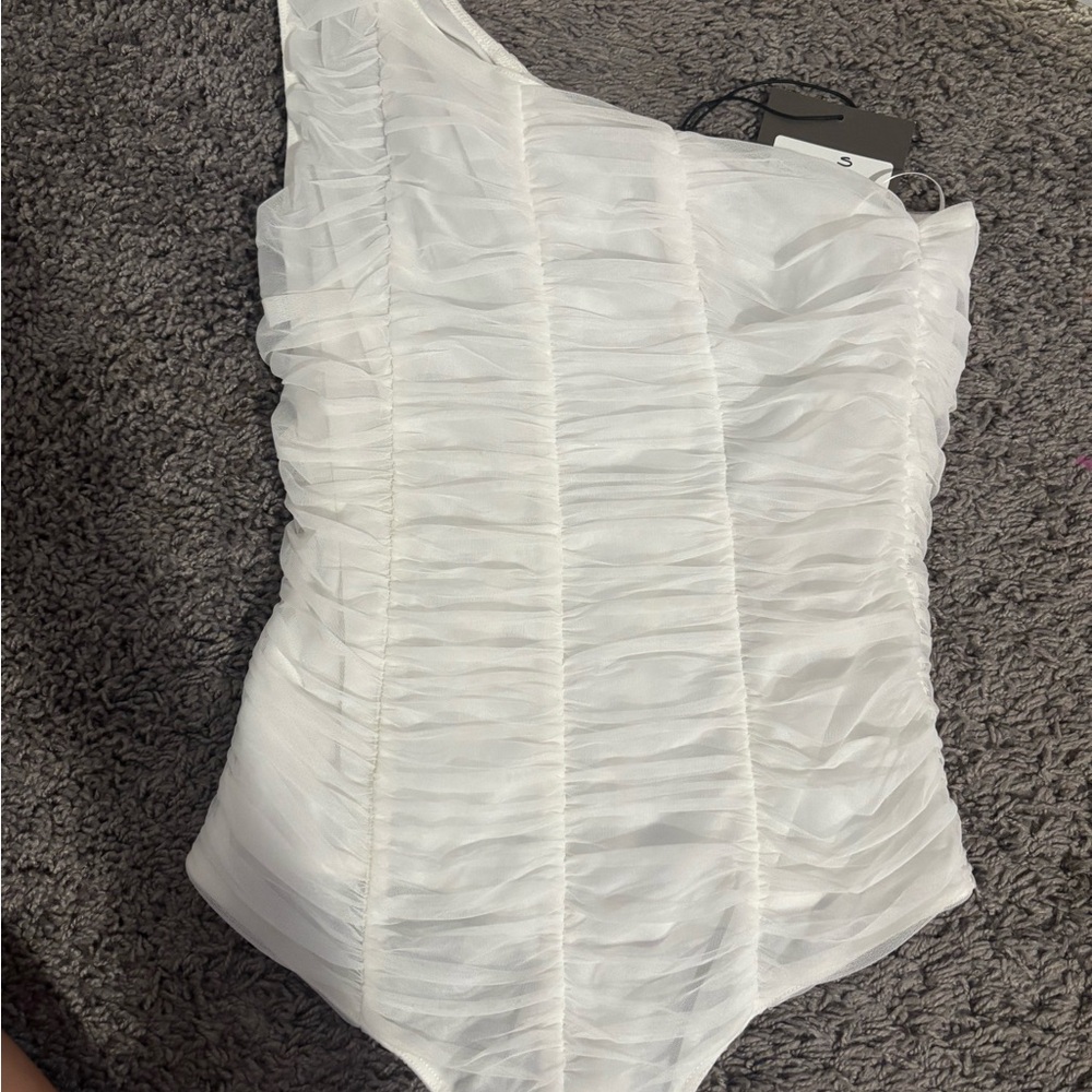 White Asymmetrical Ruched Bodysuit Top